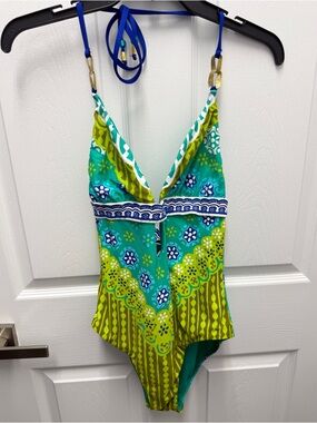 Trina Turk Teal Blue Patterned One-Piece Swimsuit Size 10